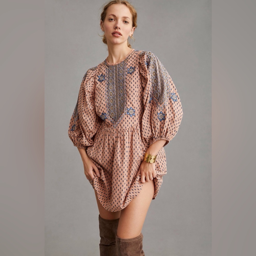 NWT By Anthropologie Embroidered Tunic Mini Dress in Peach Size Small. - Picture 10 of 14